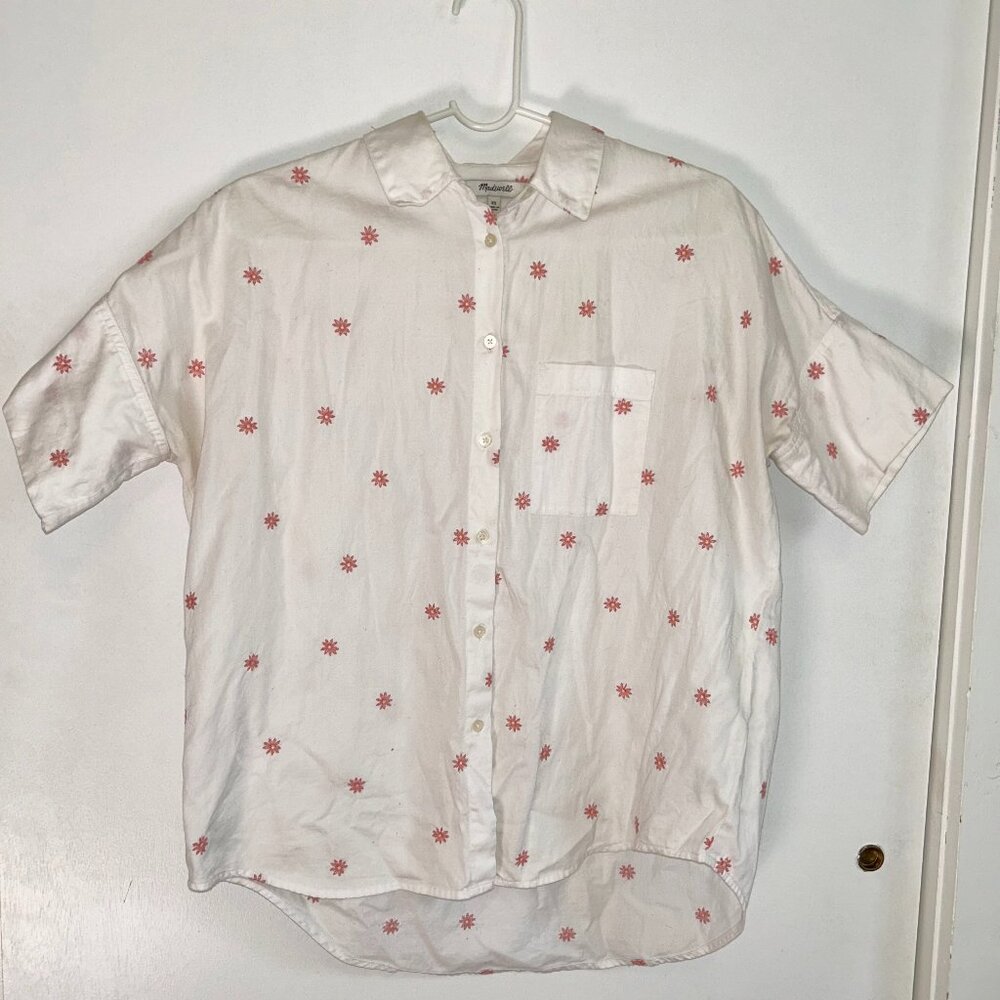 White and Pink Floral 100% Cotton Button Down Accent Sleeves Collared Pocket XS